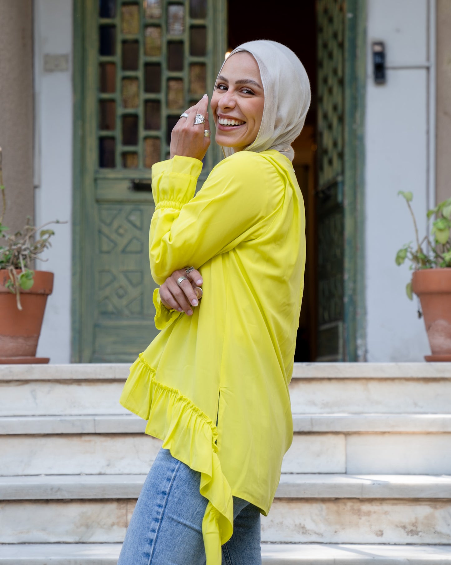 Asymmetrical Mustard-colour Ruffle top