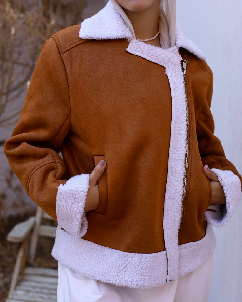 Brown Chamois Jacket with Faux Fur