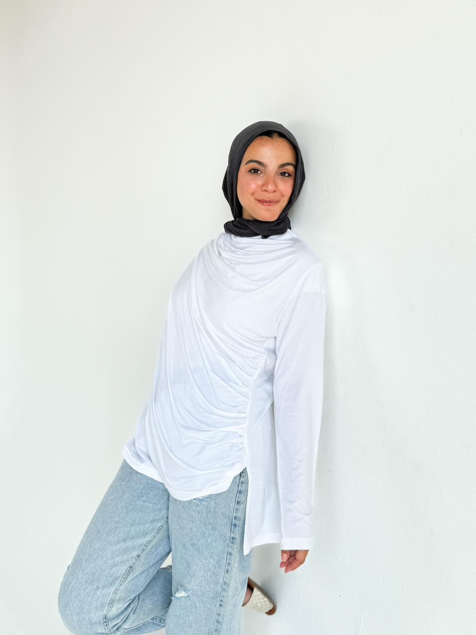 Ruched Cotton Blouse - White