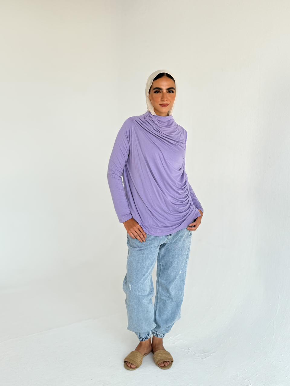 Ruched Cotton Blouse - Purple