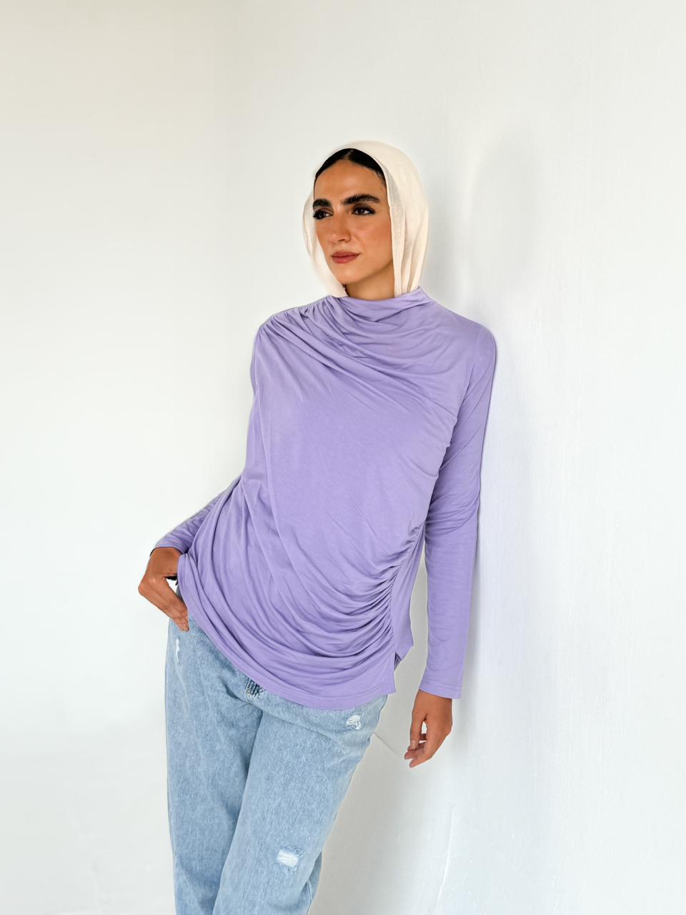 Ruched Cotton Blouse - Purple