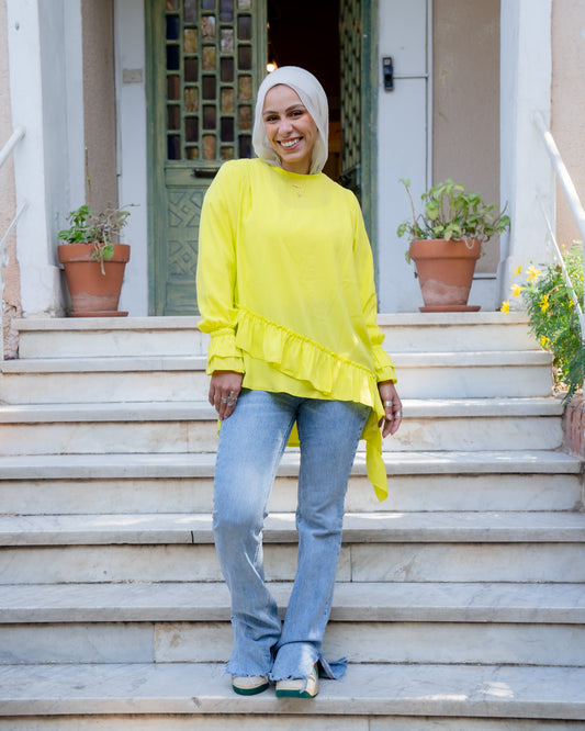 Asymmetrical Mustard-colour Ruffle top