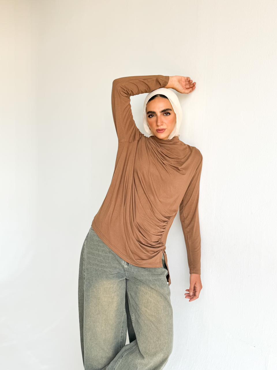 Ruched Cotton Blouse - Brown