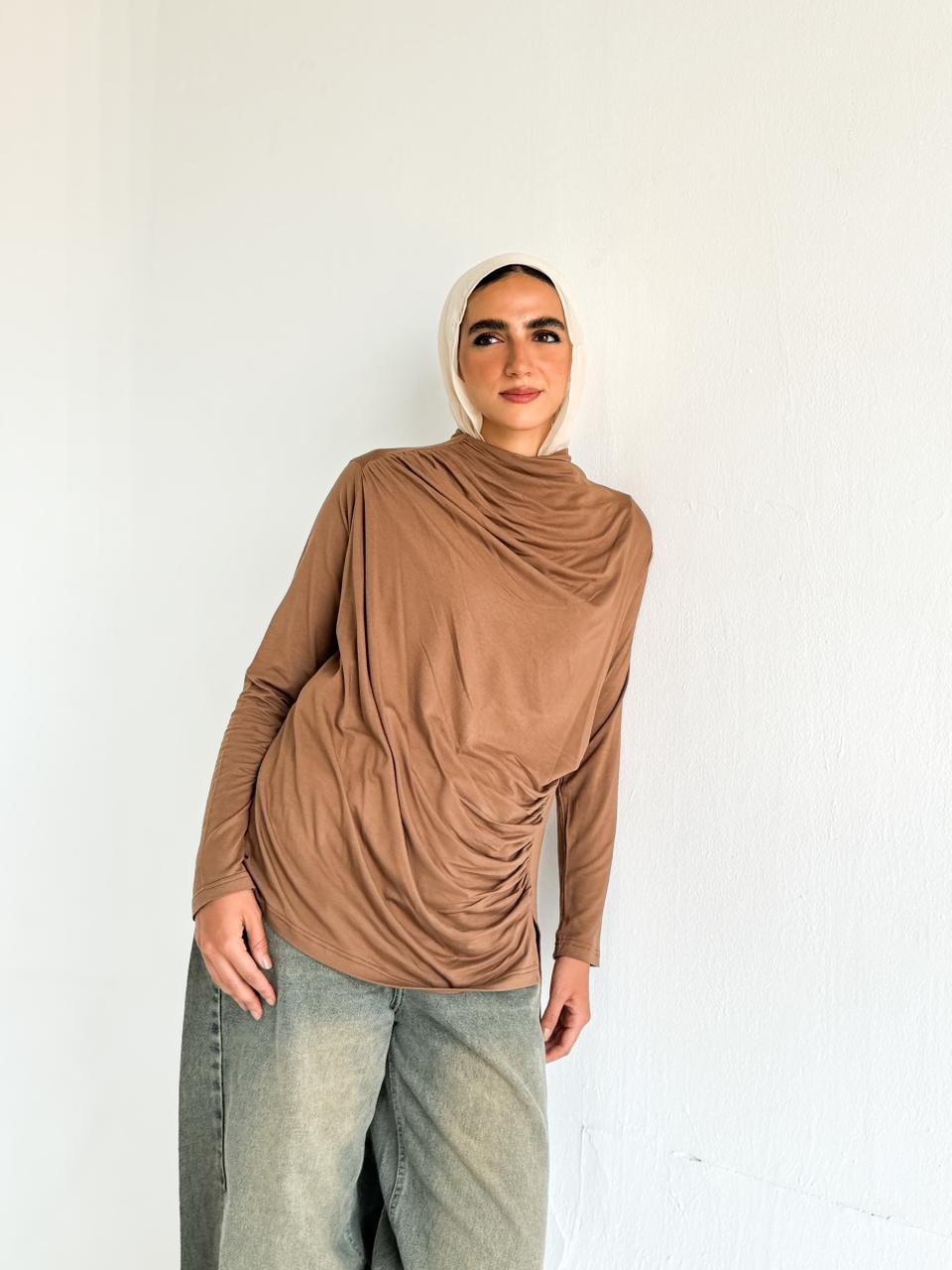 Ruched Cotton Blouse - Brown