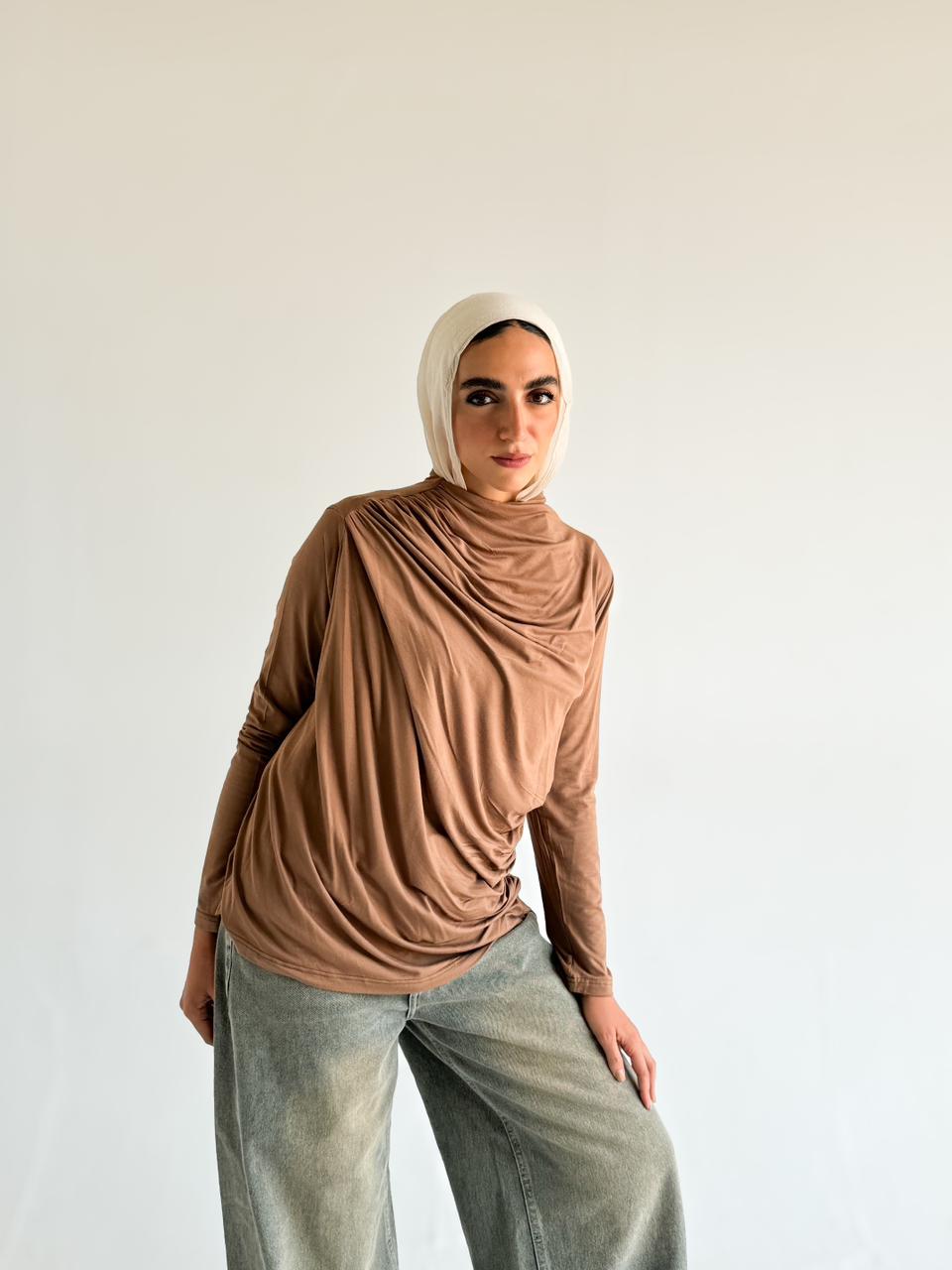 Ruched Cotton Blouse - Brown