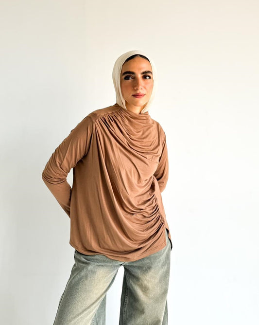 Ruched Cotton Blouse - Brown