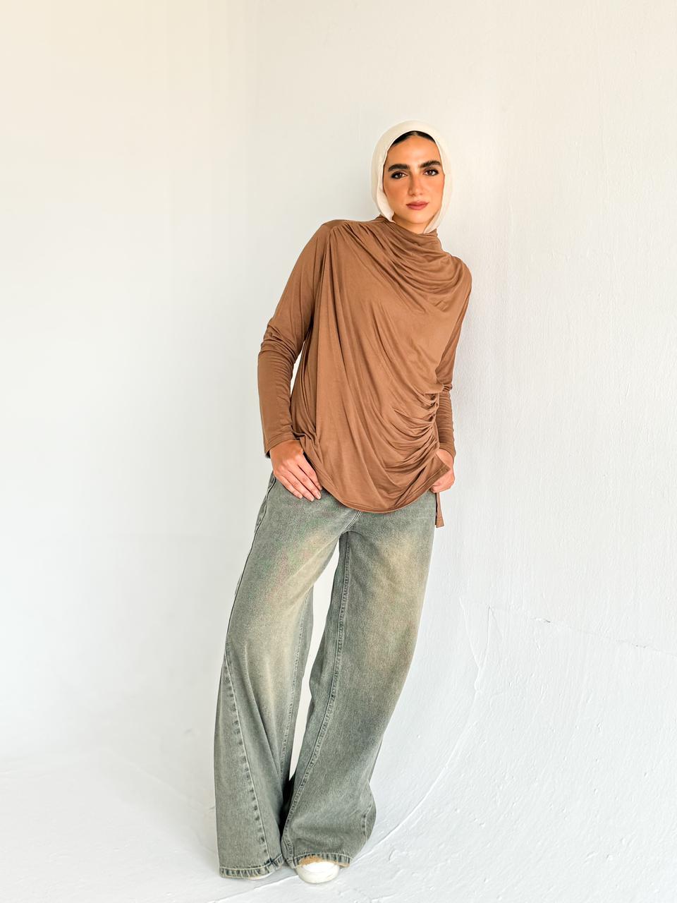 Ruched Cotton Blouse - Brown