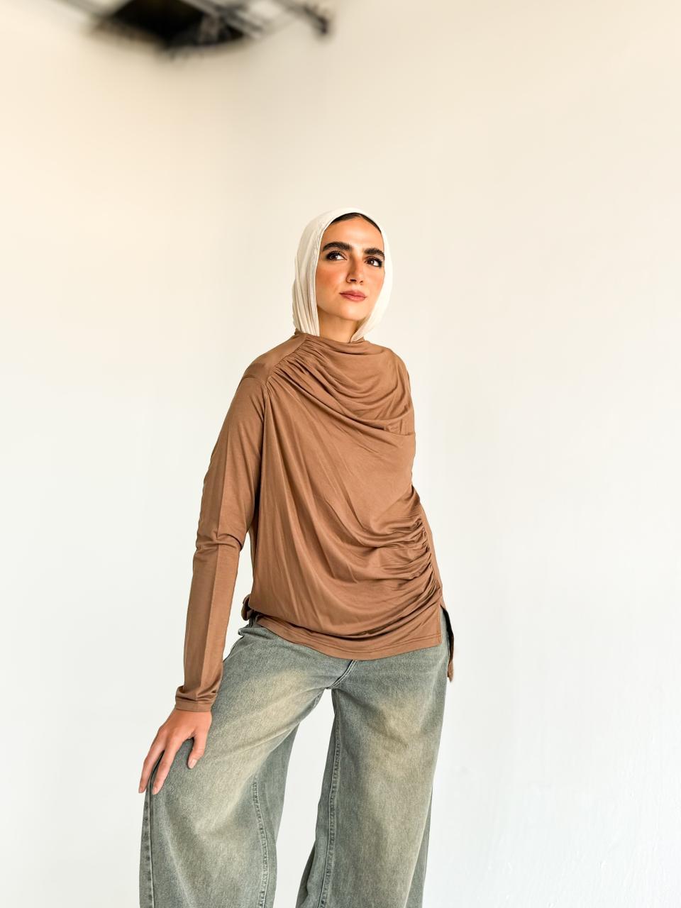 Ruched Cotton Blouse - Brown