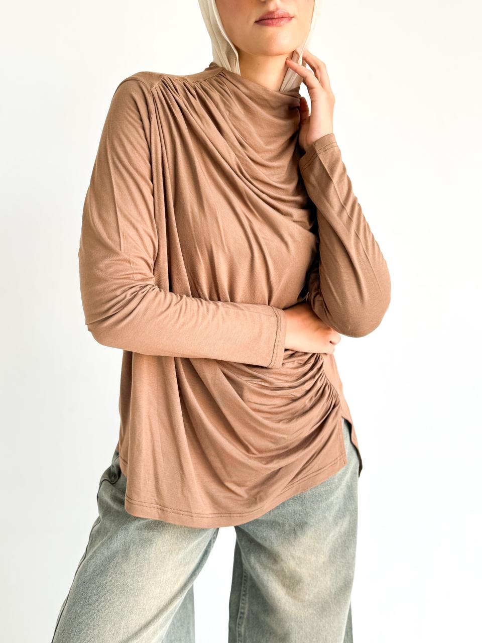 Ruched Cotton Blouse - Brown