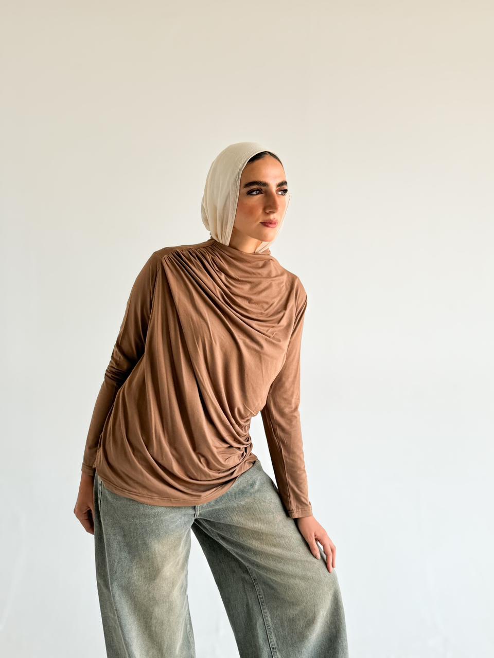 Ruched Cotton Blouse - Brown