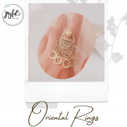 Oriental Brass Ring with Arabic Calligraphy and Geometric Dangles