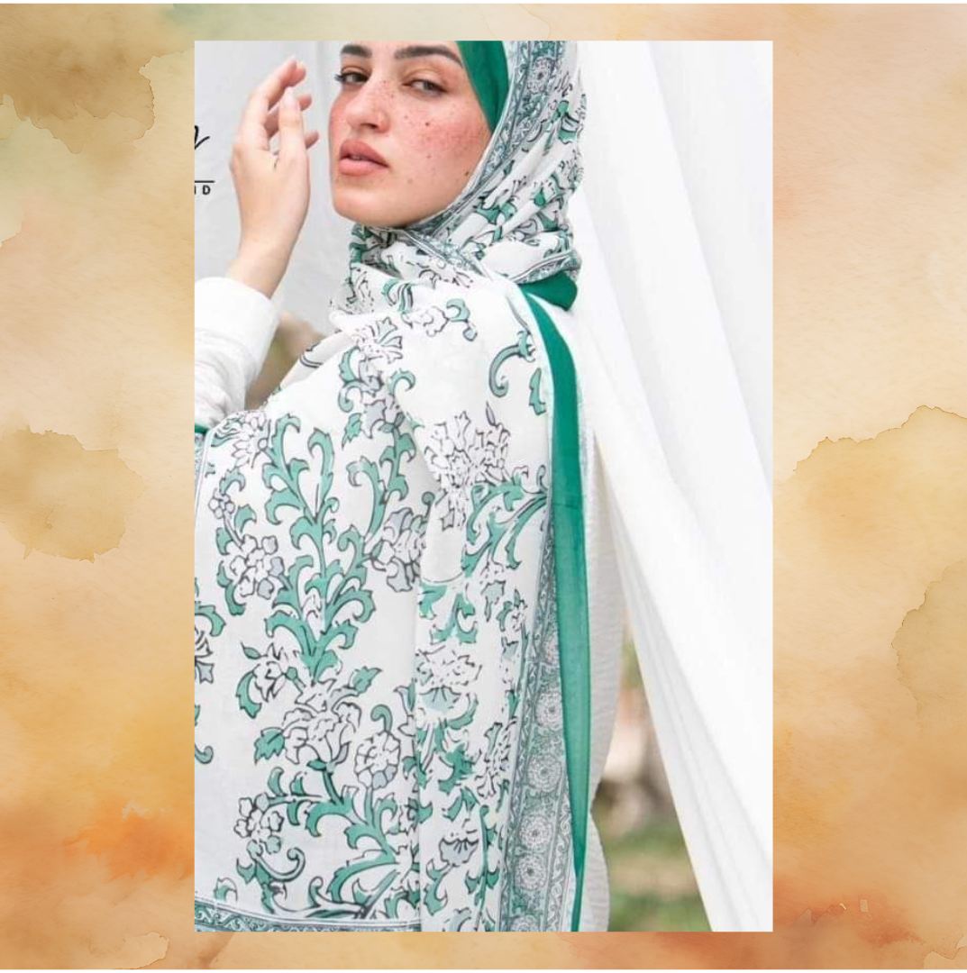 Scarf white with green floral design