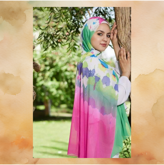 Scarf white with pink, green and blue design