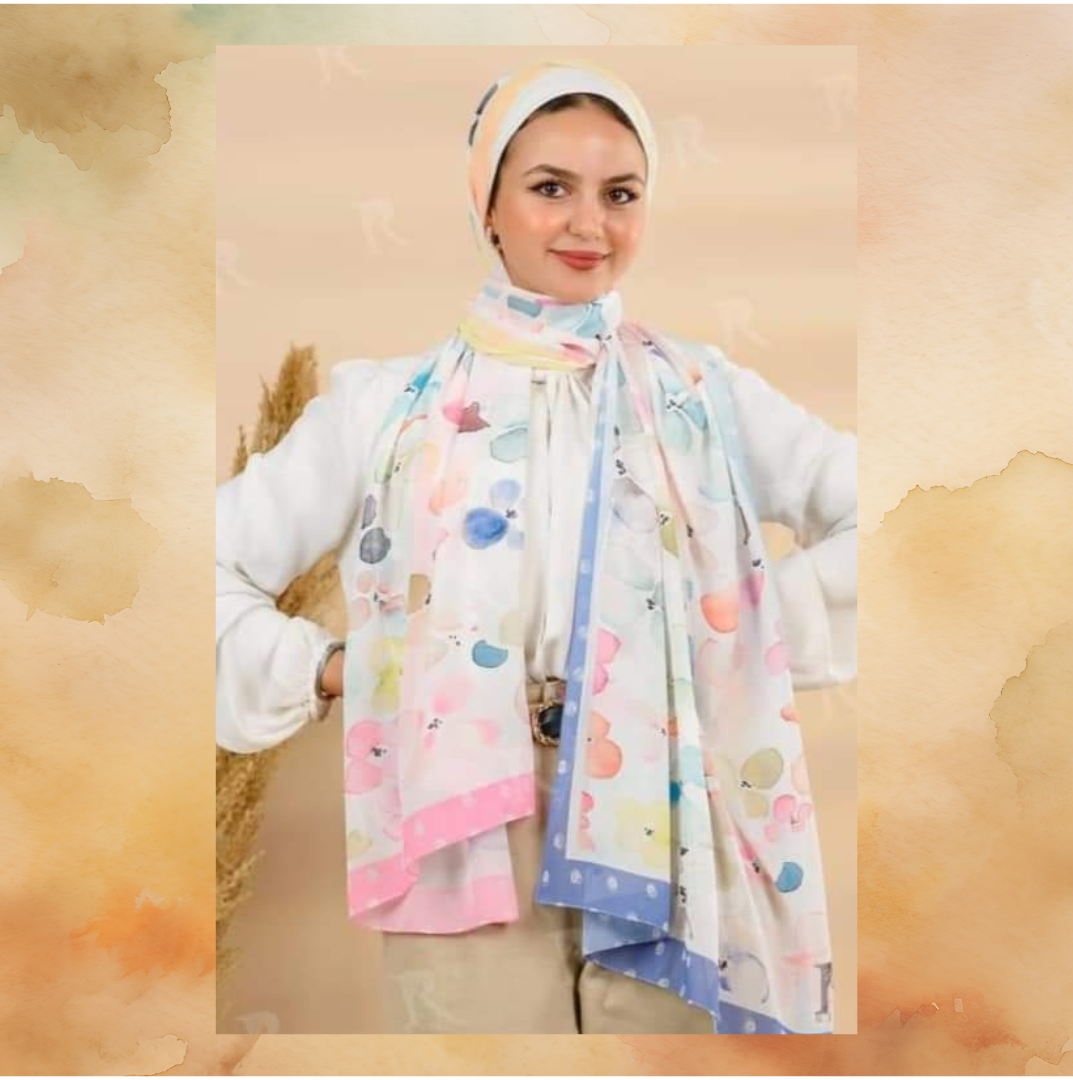 Scarf white with pink, blue & yellow design