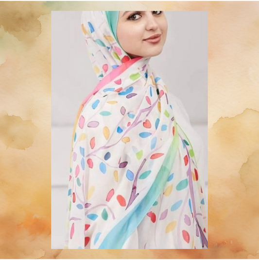 Scarf white with colorful leaves