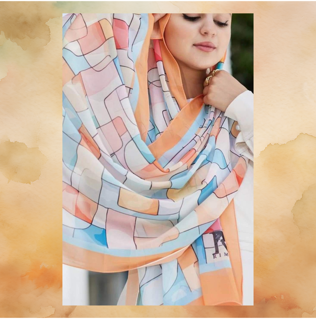 Scarf white with colorful pattern